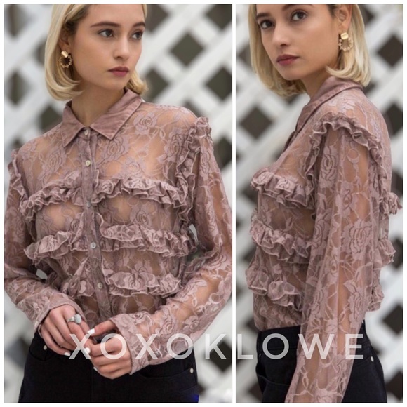POL Floral Lace Button Down Ruffle Shirt - Picture 9 of 10